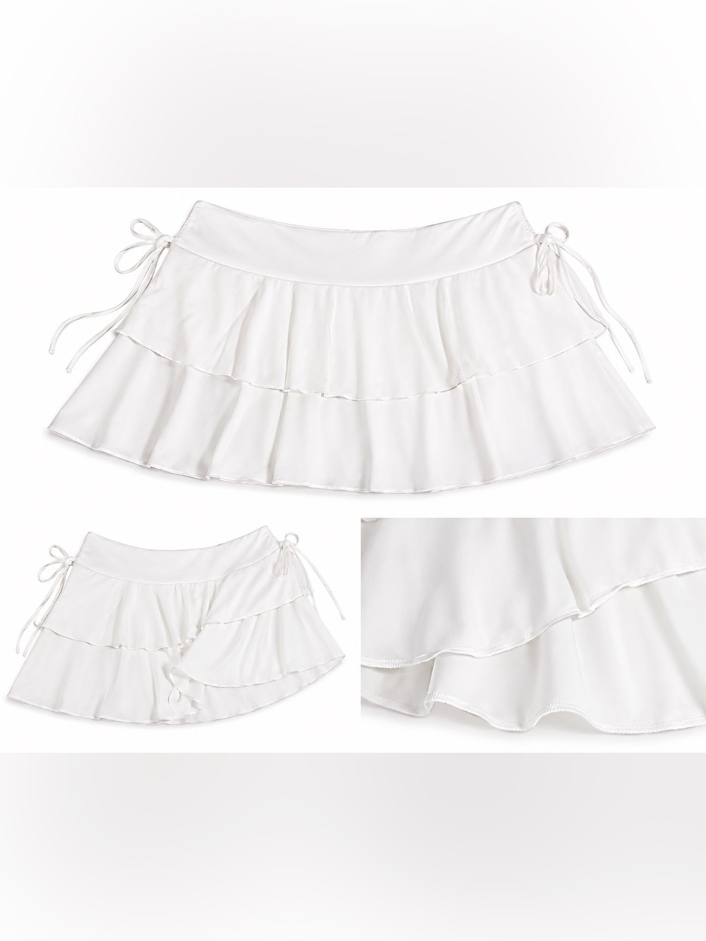 White Tiered Ruffle Skater Skirt with Side Tie